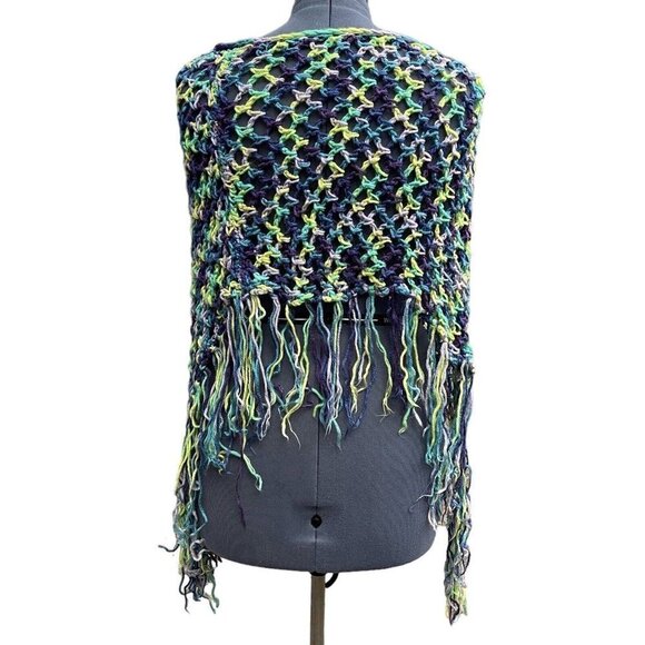 Hand-Made‎ Bohemian Crocheted Poncho/Shawl w/Fringe Multicolor 70's Style Hippie - Picture 3 of 13